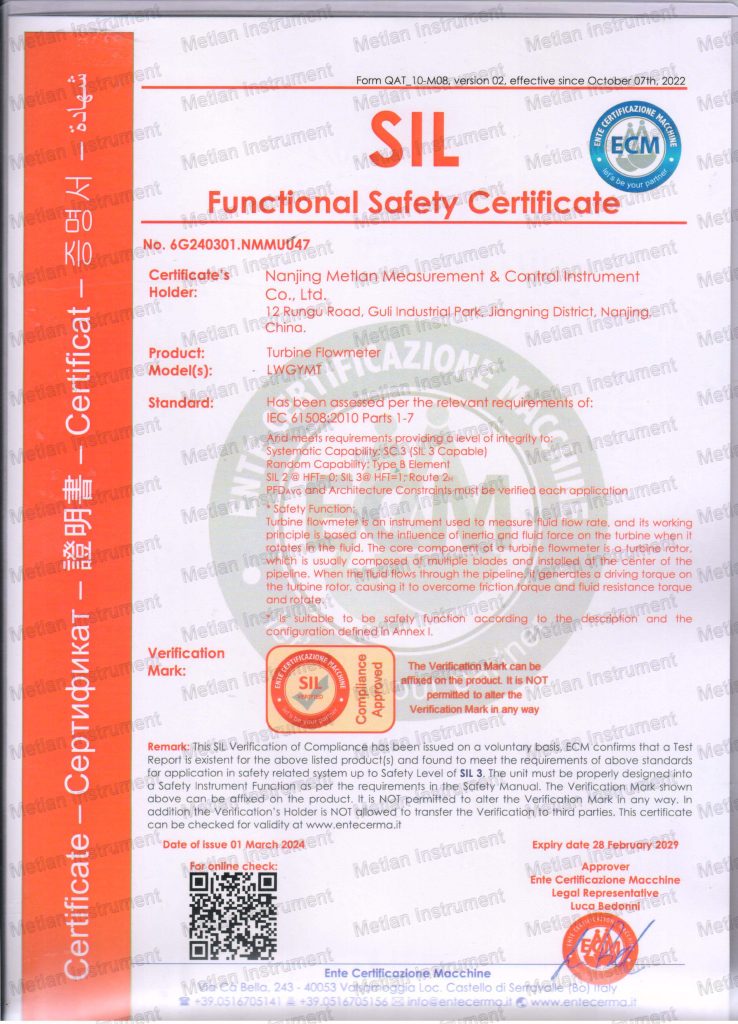 Metlan Turbine Flowmeter SIL2 Safety Certification