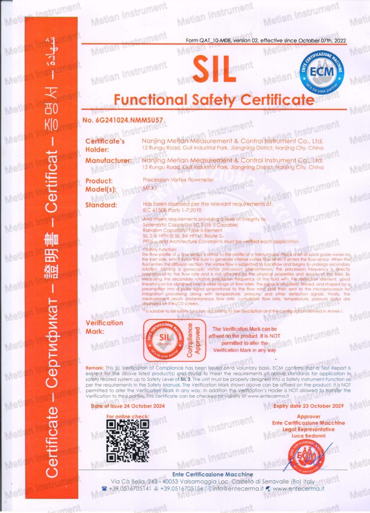 Metlan Vortex-Shedding Flowmeter SIL2 Safety Certification